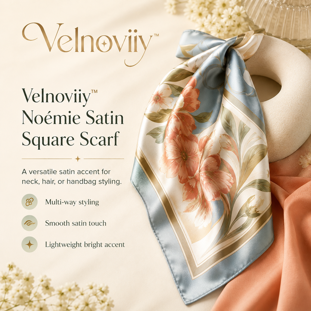 Velnoviiy™ Noémie Satin Square Scarf - Printed Hair Wrap, Neck and Bag Scarf