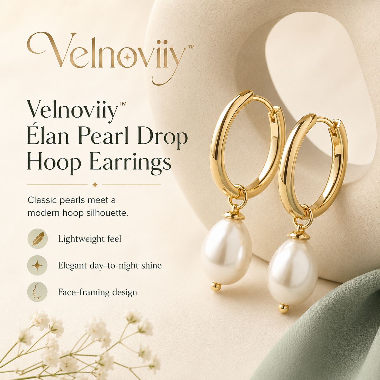 Velnoviiy™ Élan Pearl Drop Hoop Earrings - Lightweight Gold-Tone Statement Jewelry