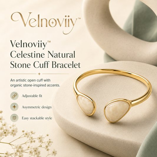 Velnoviiy™ Celestine Natural Stone Cuff Bracelet - Adjustable Gold Open Bangle