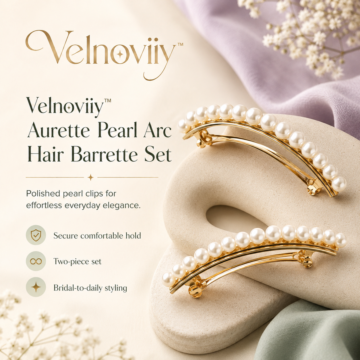 Velnoviiy™ Aurette Pearl Arc Hair Barrette Set - Elegant Gold Hair Clips for Women